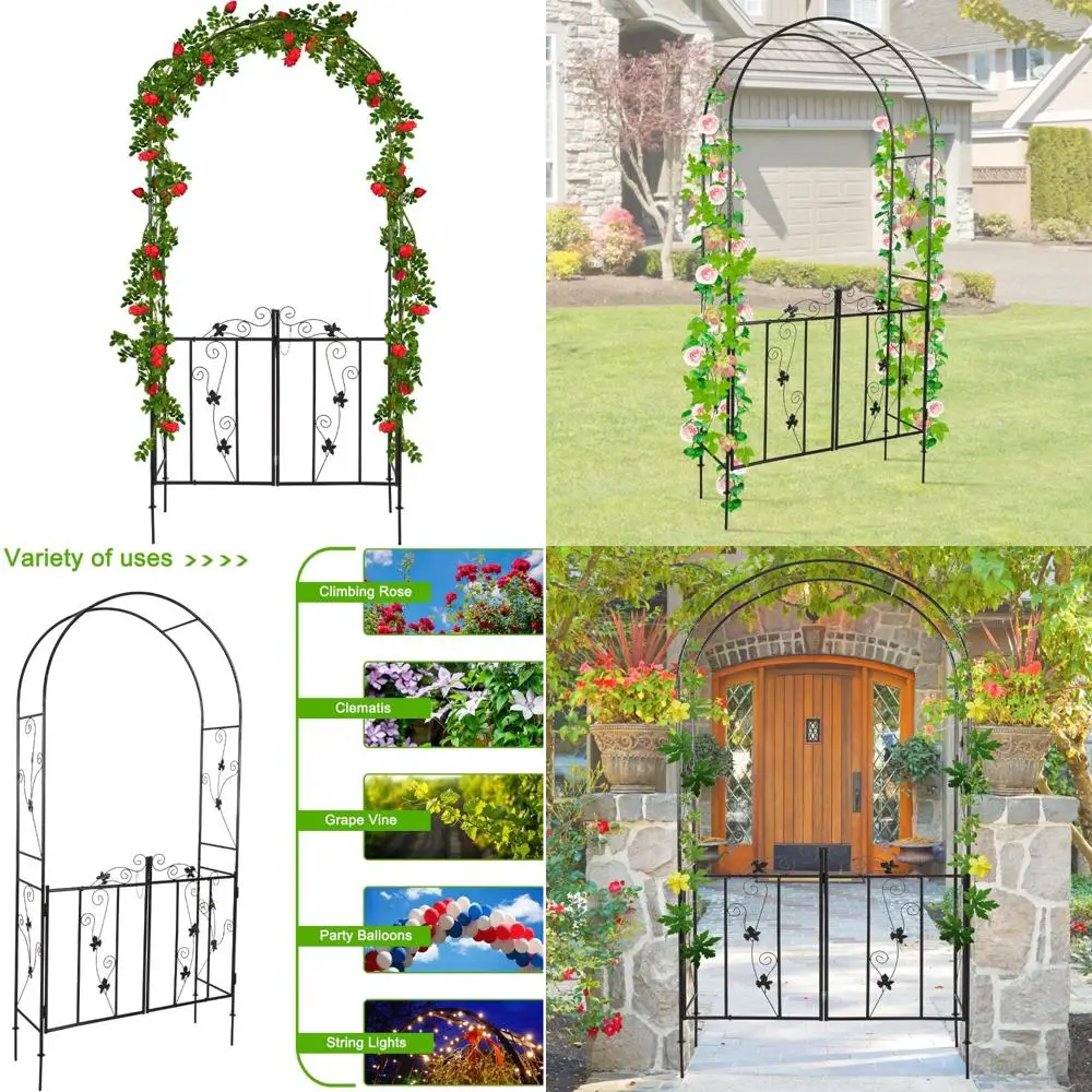 

Садовая арка с решеткой для альпинистских растений и воротами, уличный сад на заднем дворе