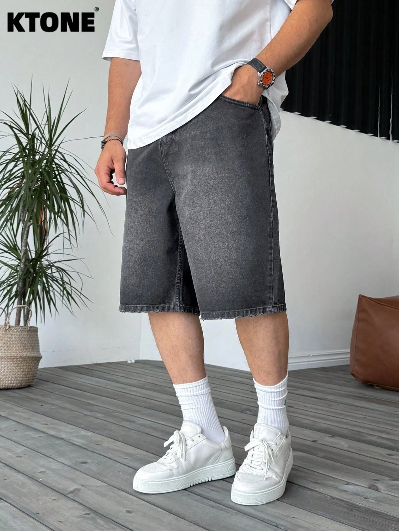 

Casual non elastic denim jorts men loose straight design solid color light gray black simple all match short trousers