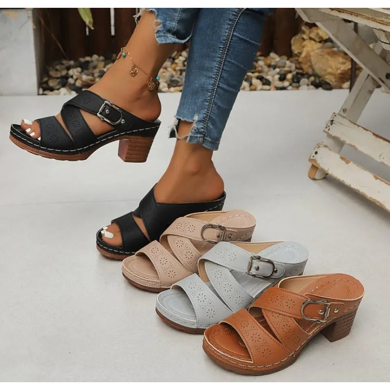 Women Summer Lightweight Hollow Sandals High Heels New Dress Chunky Open Toe Slippers Female Casual Slingback Slides Shoes