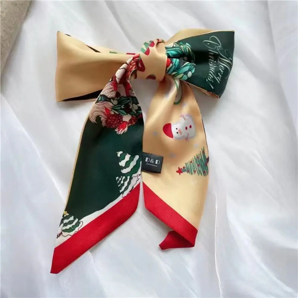 Retro Ribbon Headband Christmas Silk Scarf Printed Santa Claus Long Scarf Red Elk New Year Scarf Female