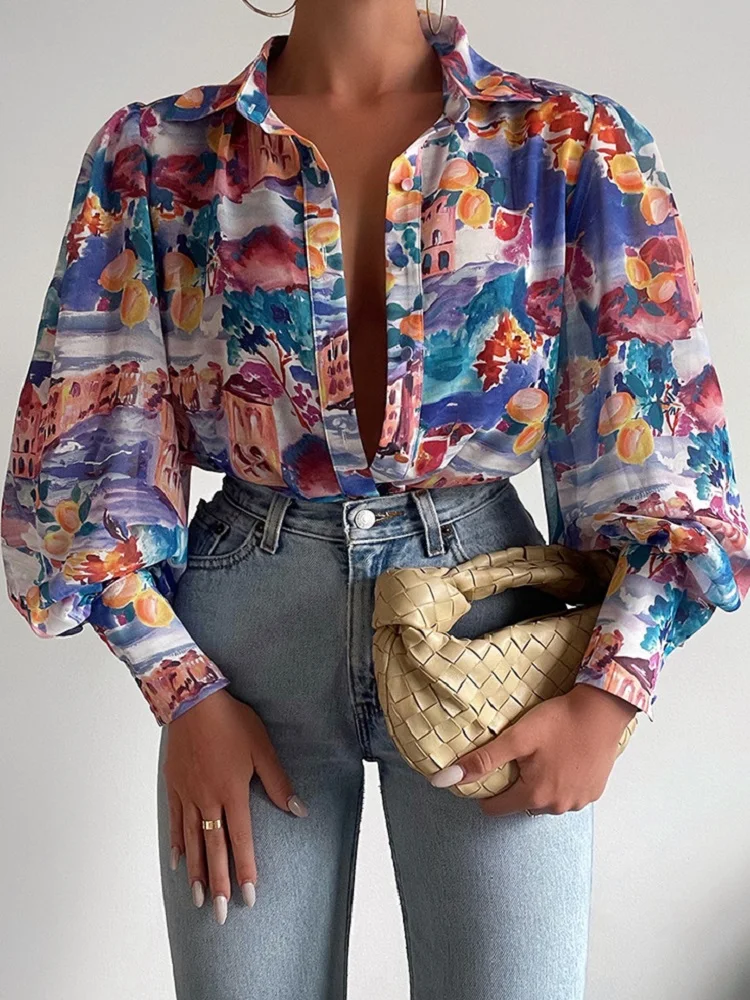 2023 Spring Women Shirt Vintage Elegant Print Lapel Shirts Tops Female Casual Long Sleeve Single-breasted Loose Blouses Shirts