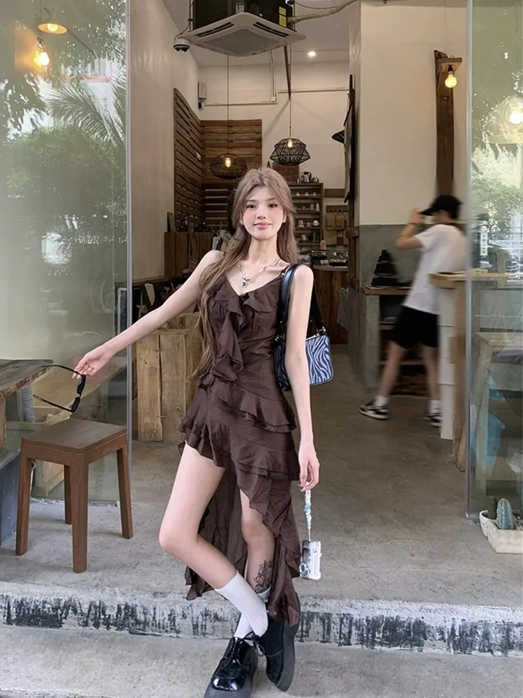 Spicy Girl Ruffle Hem V-Neck Strap Dress Women Summer Long Vintage Waist Cinching Asymmetrical Skirt Fashionable Commute Style