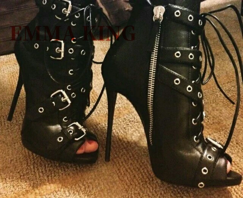 Buckle Rivets Women Summer Punk Boots Peep Toe Black Leather High Heels Ladies Sexy Gothic Shoes Woman Runway Ankle Boots