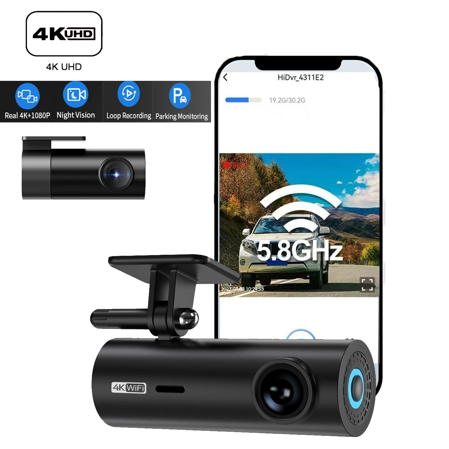 

UHD 4K Dash Cam Dual Lens Driving Recorder Car DVR 1080P Rear Lens Camera Built-In WiFi APP 24-Hour Parking Monitoring Black Box