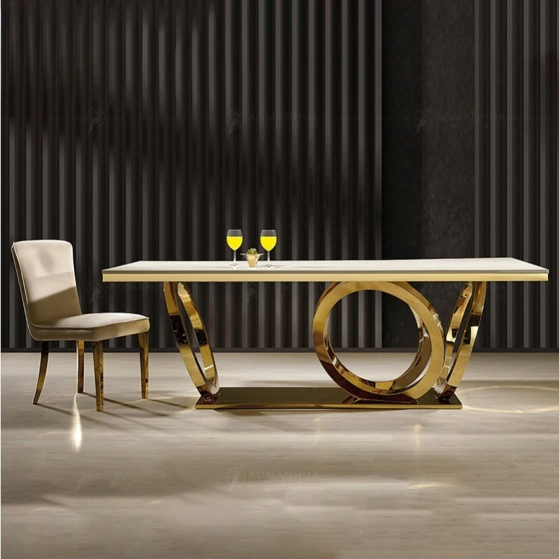Marble dining table and chair combination modern simple stainless steel rectangular family dining table