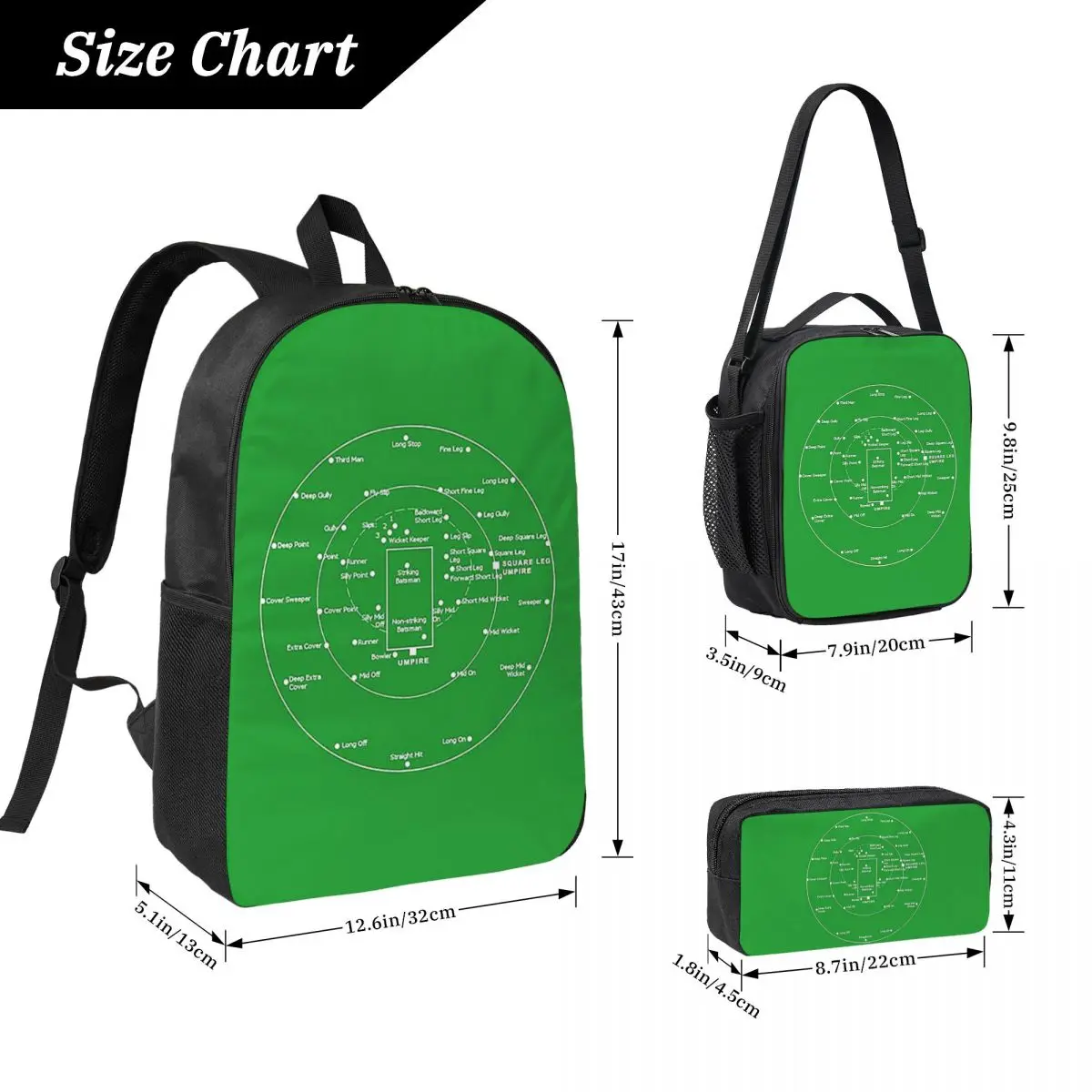 Cricket Pitch Positions- Fielding Positions Diagram Backpack Student BookBag School Bag 3ps Insulated Lunch Bag Pencil Case