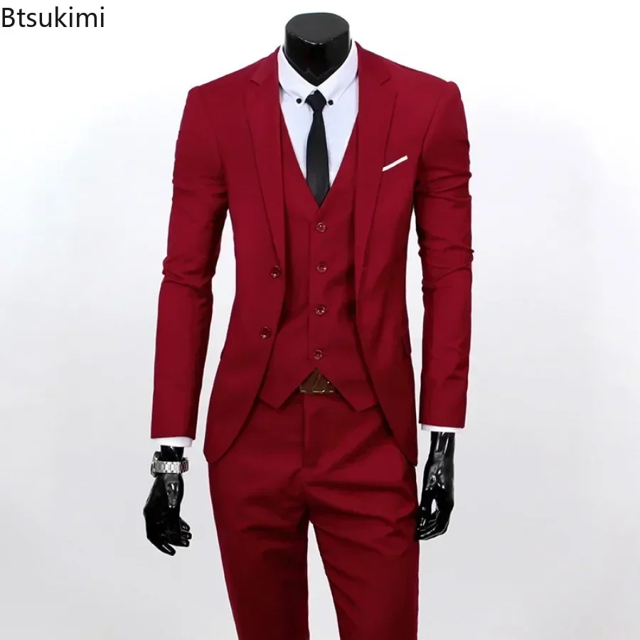 2025 Men\'s Suit Three Piece Sets (Blazers+Vest+Pants) Fashion Solid Slim Business Party Gown Wedding Groom Dress Suit Plus Size