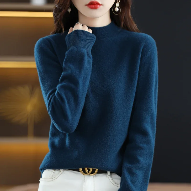 Frauen Pullover Langarm Mock Neck Warme Winter Grundlegende Gestrickte Pullover Solide Lose Strickwaren Casual Koreanische Mode Jumper 2024