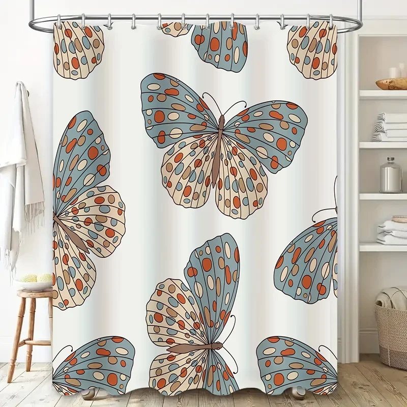 Delightful Blue Orange Polka Dot Butterfly Printed Shower Curtain for Bathroom Decor