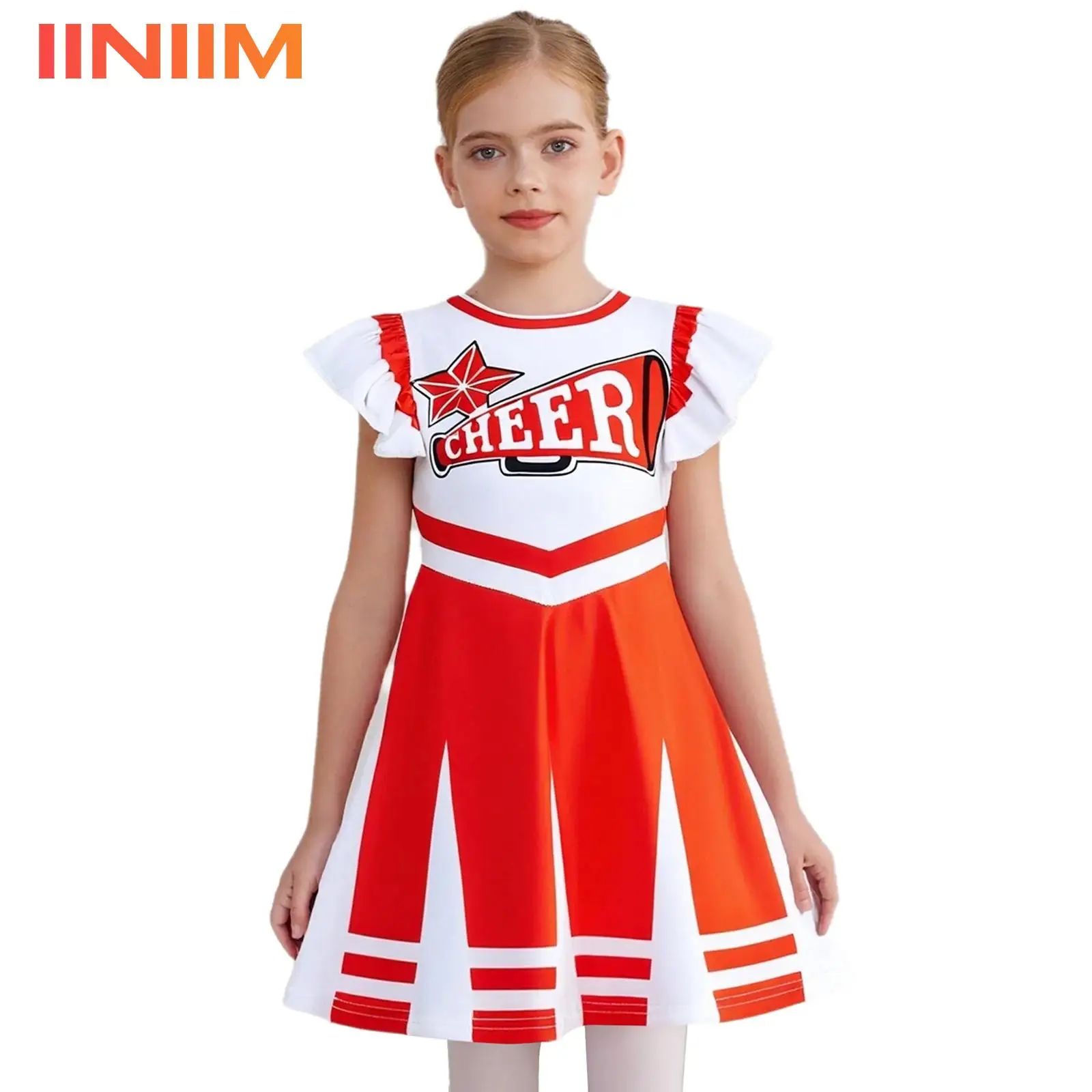 Kids Girls Scary Cheerleader Costume Bloody Flying Sleeve Horror Cheer Dance Dress Scary Bloody Zombie Cheerleading Uniform