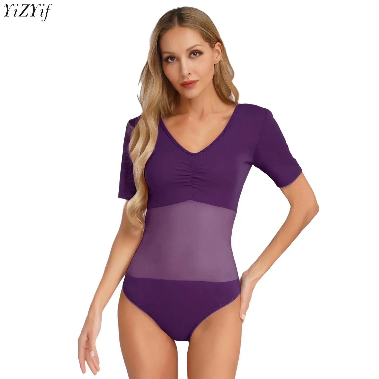 

Womens Gymnastics Leotard Ballet Dance CostumeShort Sleeve V Neck Mesh Splice Button Crotch Bodysuit Jumpsuit for Yoga Workout