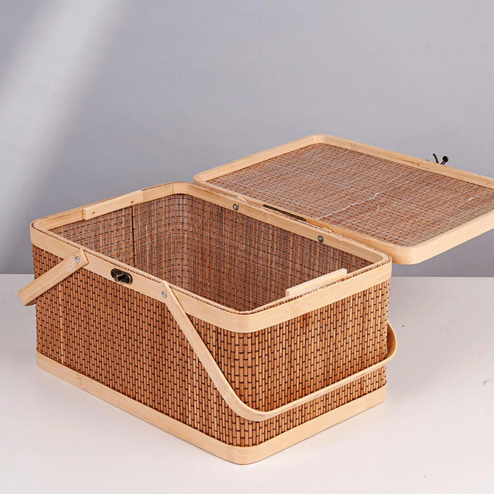 Handcrafted Bamboo Picnic Basket with Lid Versatile Food Storage Organizer Woven Basket for Outdoor Use