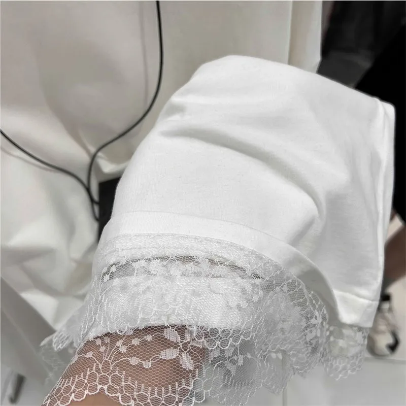Women Clothes Tops Longsleeve Solid Color Blouse Lace Trim Hem Oversized Fit Long Sleeve T-shirt Round Neck Casual Blouse view 3