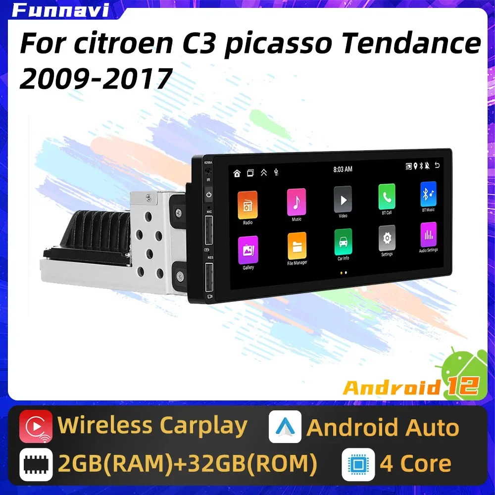 1 Din Carplay Screen for Citroen C3 Picasso Tendance 2009 - 2017 Android Radio Stereo Car Multimedia Head Unit Autoradio GPS