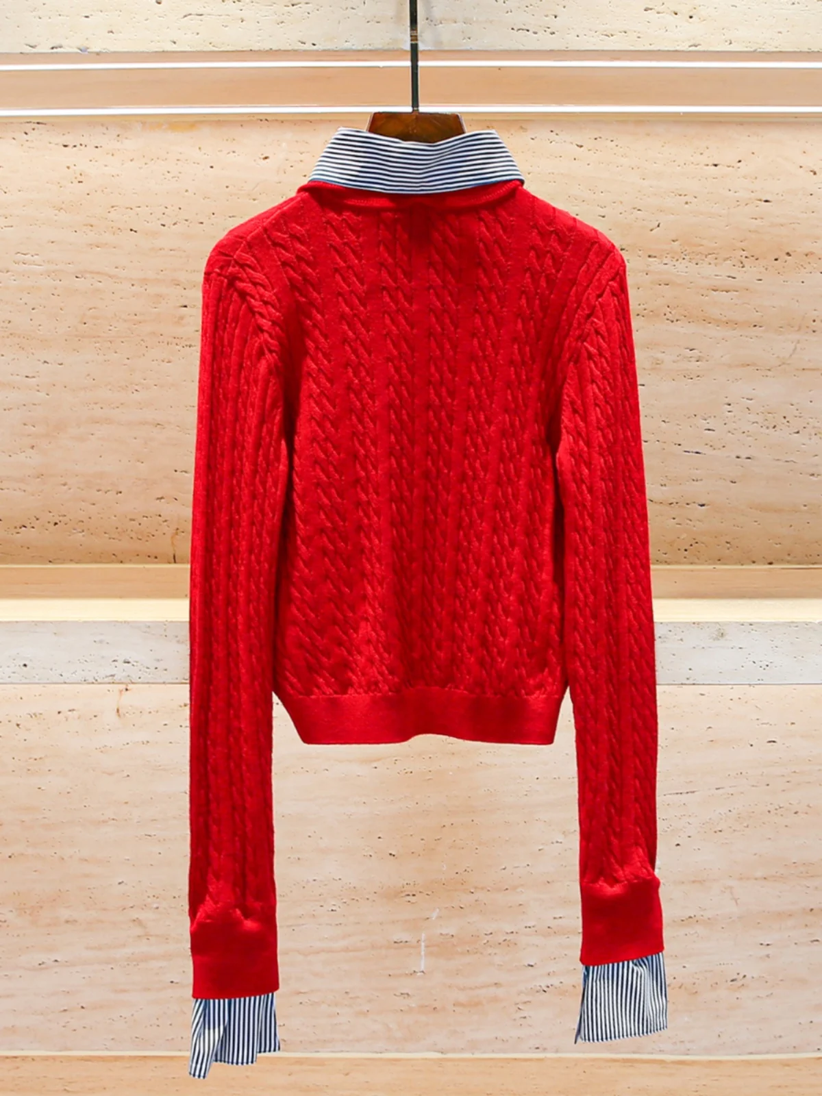 Haut tricoté rayé Premium Ne faux deux pièces vêtements rouges du nouvel an pour les femmes trajet Sle coupe régulière longue Sve...