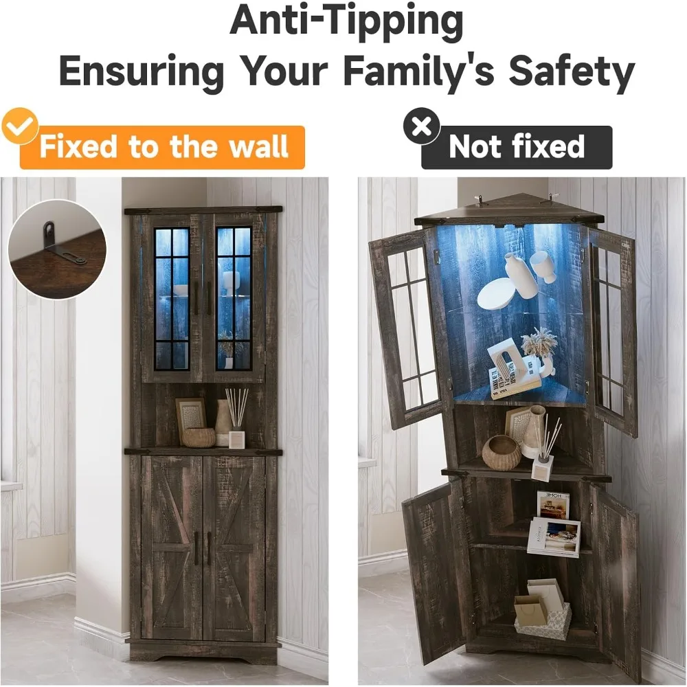 خزانة زاوية مضيئة بإضاءة LED للتخزين في غرفة المعيشة أو المطبخ أو الحمام - طويلة، بني غامق عتيق #5