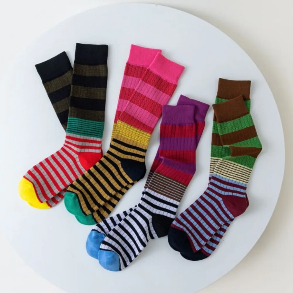 1 pair of women's retro checkered casual socks with contrasting stripes, autumn women's color blocked calf socks