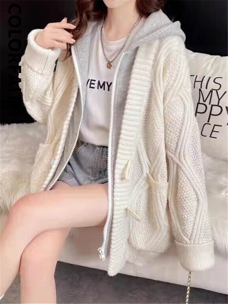 Colorfaith SWC9002JX 2023 Korean Fashion Fake 2 Pieces Hooded Knitting Cardigans Oversized Women Autumn Winter Sweaters Tops