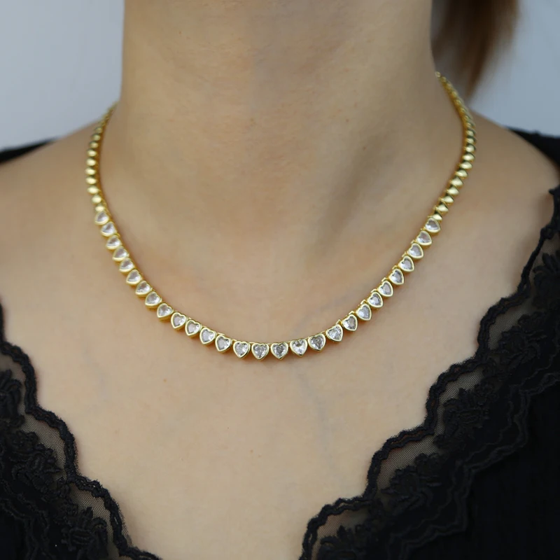 Drop Ship Hip Hop Women Lady Necklace Paved 5a Heart Cz Tennis Choker Necklace Gold Rose Silver Color For Party Wedding Jewelry