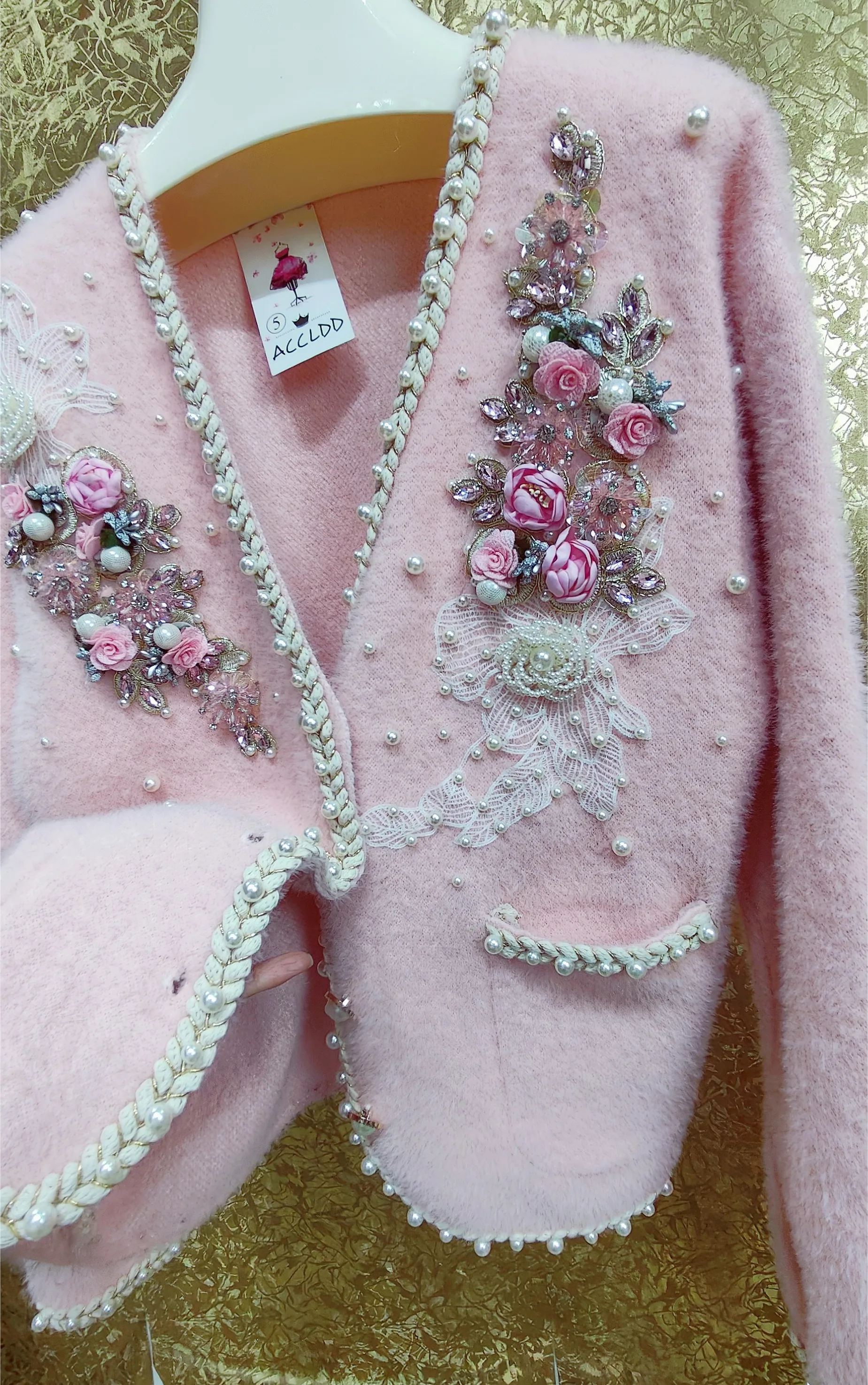 Luxury Style Flower Beaded Stitch Knitwear Faux Fur Cardigan Coat For Women V-neck Loose Pink Sweater Outwear Jacket