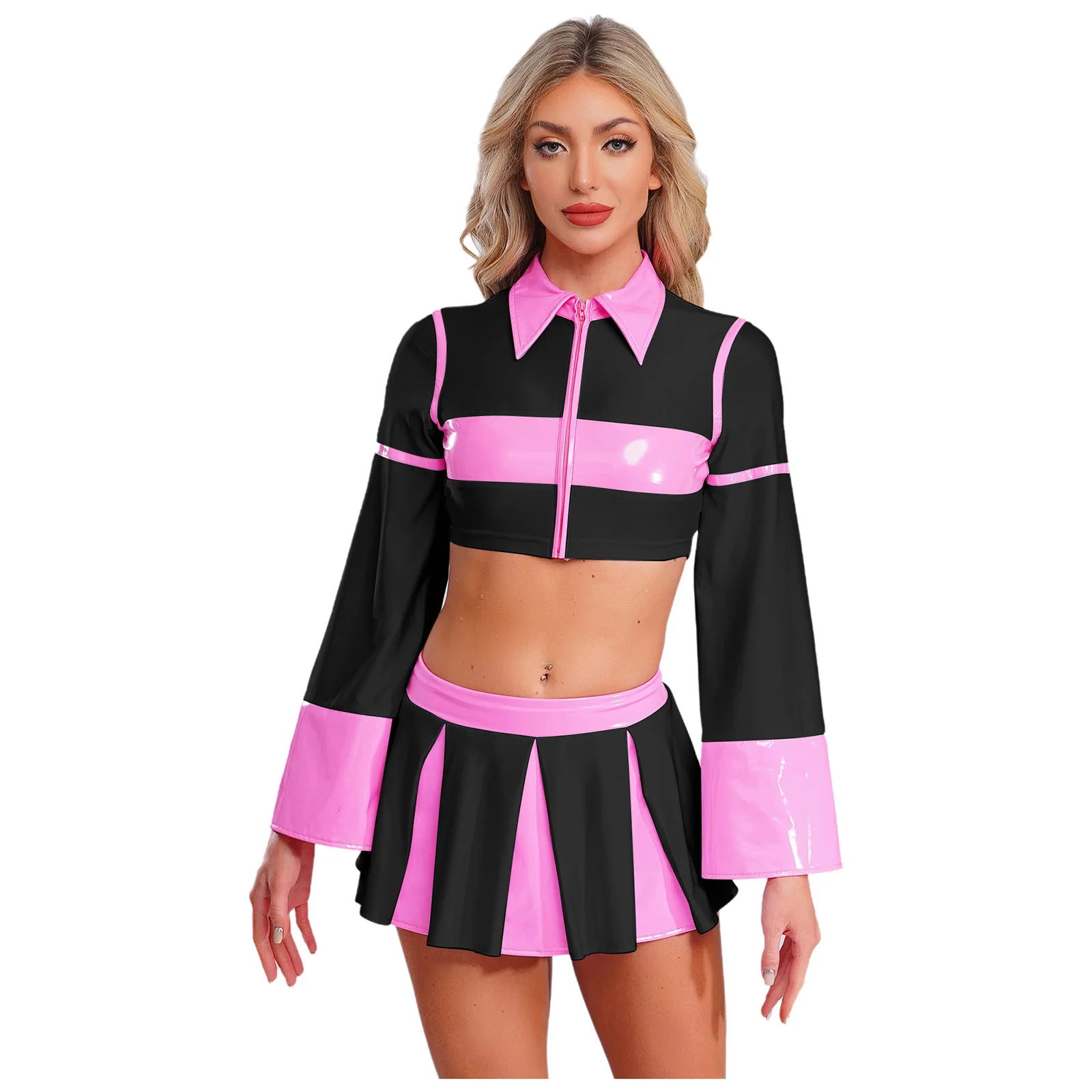

Women Anime Cosplay Cheerleading Outfits Flared Long Sleeve Cropped Top And Pleated Paneled Miniskirt for Club Stage Match Wear