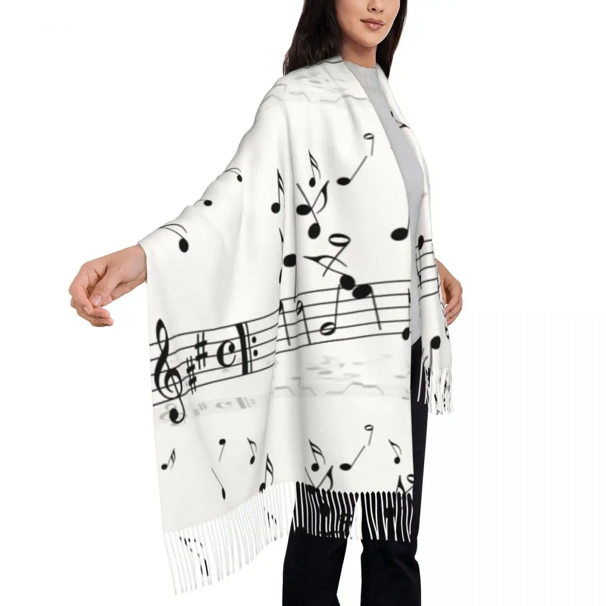 Various Music Notes On White Background Women\'s Tassel Shawl Scarf Fashion Scarf