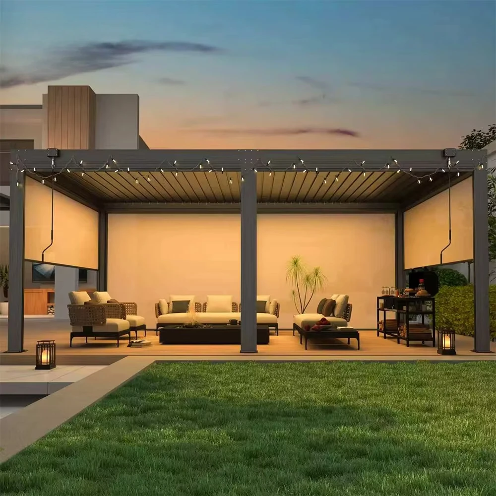 Bioclimatic Smart Aluminum Pergola Waterproof, LED Light Adjustable Louver Roof System 3x3 3x4m Outdoor Patio Shelter