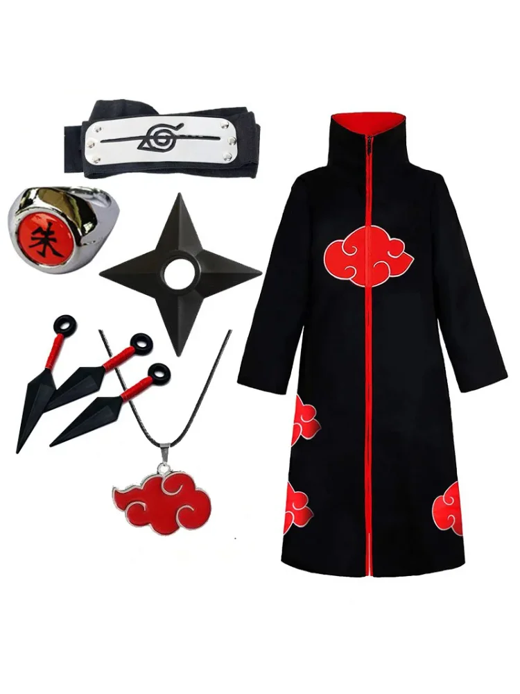 Akatsuki Uchiha Itachi Umhang für Erwachsene Langer Schwarzer Umhang Halloween Karneval Cosplay Kostüm mit Zubehör