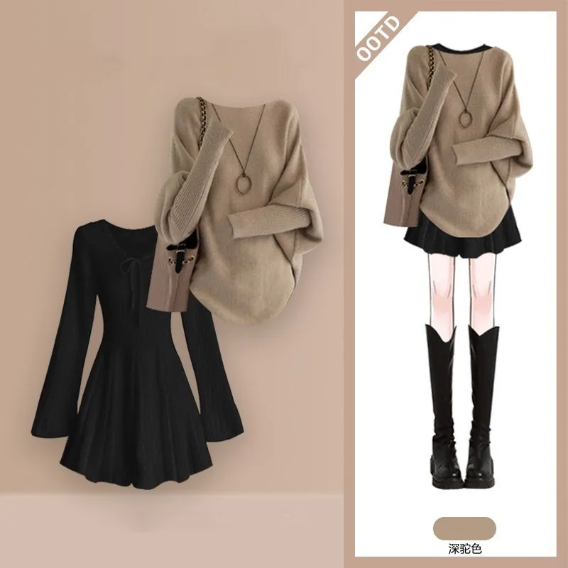 

Women's Autumn Winter New Fashion In Dress Matching Set Korean Elegant Vintage Knit Sweater Coat+Sexy Black Skirt Matching Set