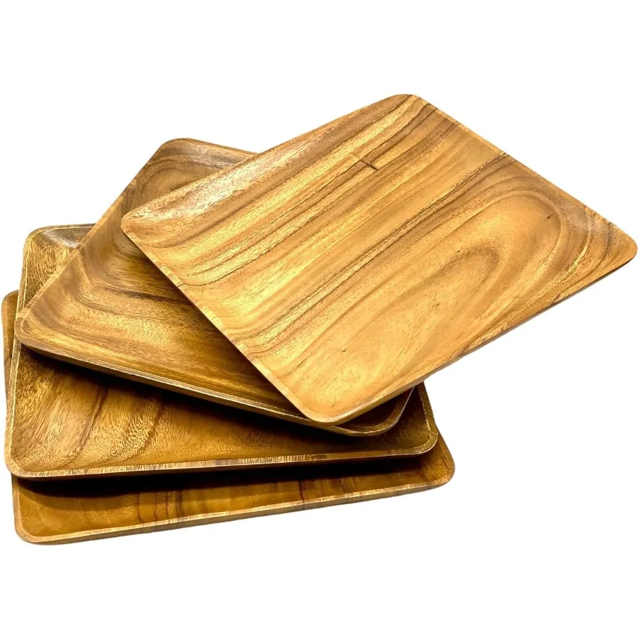 

Wooden Plates Set of 4 – 12” Square Acacia Wood Plates, Rustic Dinner Plates, Hardwood Chargers and Large Serving Trays for Entr