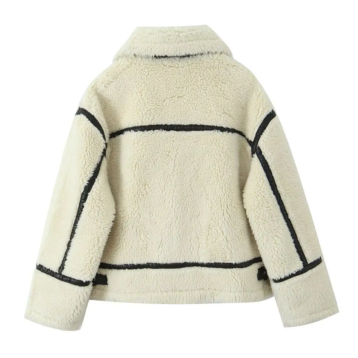 Women Faux Shearling Biker Jacket PU Leather Trim Zip Up Warm Fuzzy Loose Coat Autumn Winter Vintage Streetwear Ladies Outerwear