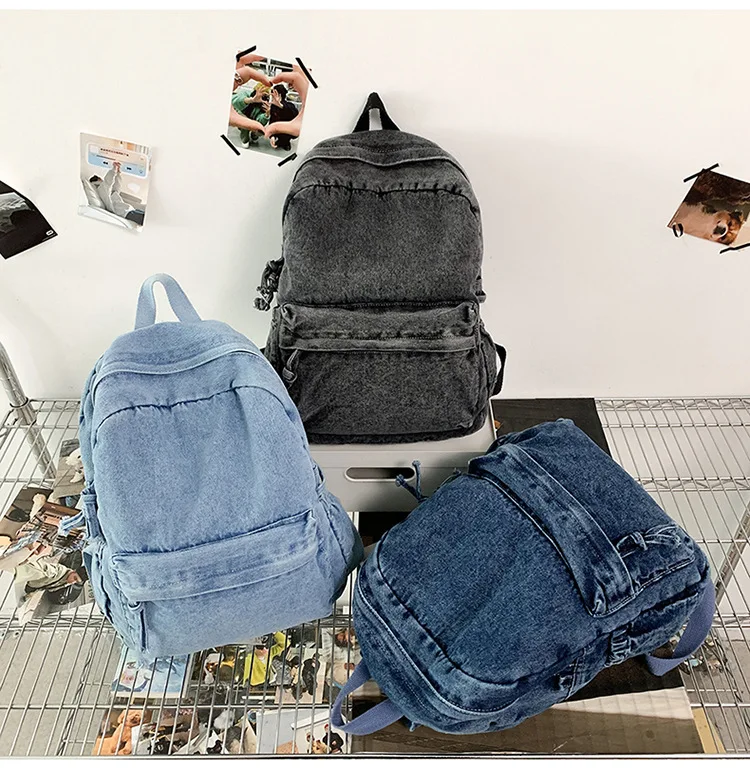 Washable wear-resistant denim backpack Student schoolbag 15 inch computer storage large capacity multi-function travel backpack