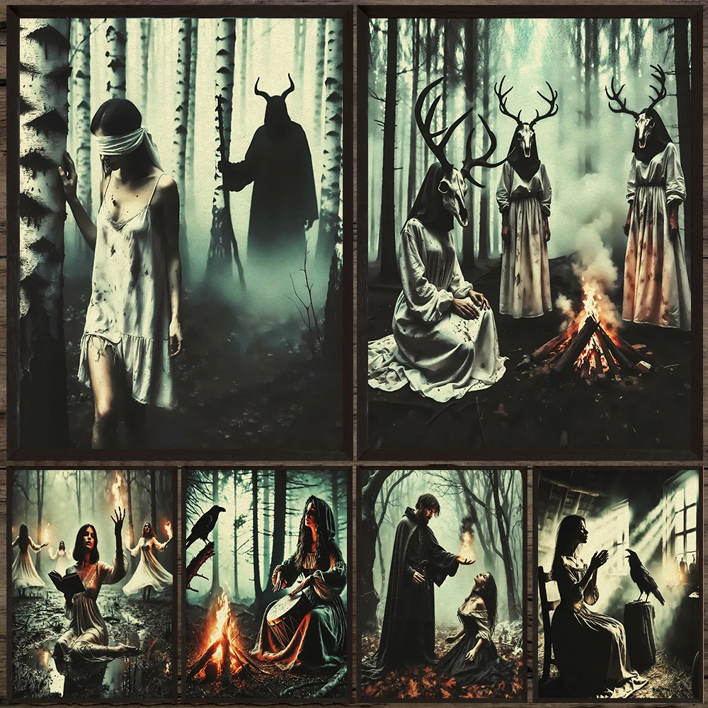 Witch Sisters And Demon In The Forest Vintage Photography Wall Art Canvas Painting,Pagan Witchcraft Art Poster Print Home Decor
