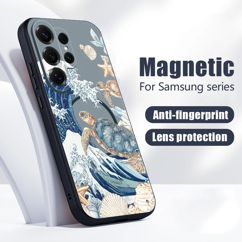 Blue white Ocean Wave Print Case For Samsung S26 S25 Ultra S24 S23 FE S22 A17 A37 A54 A55 A56 A57 5G Hybrid Magnetic Matte Cover