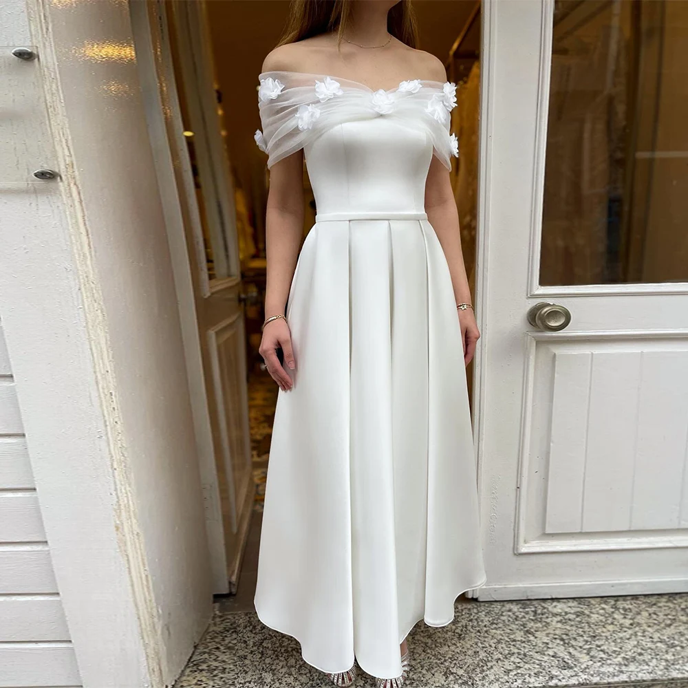 Modern Wedding Dresses 2025 Satin A-line Wedding Party Gown White Net Off-the-shoulder Applique Ruched Pleat Wedding Guest Gown