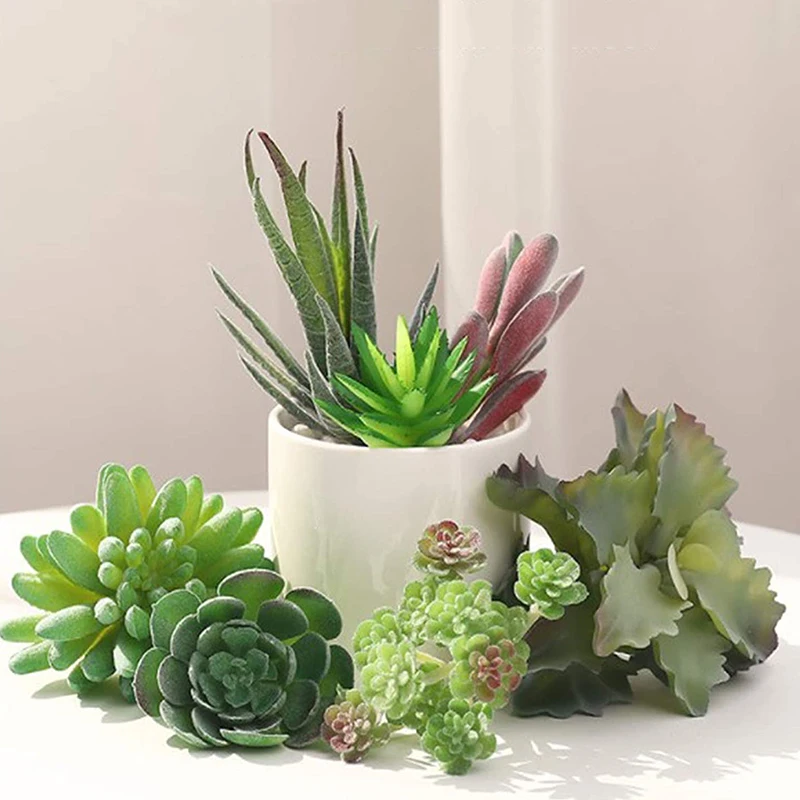 11pcs/set Artificial Succulents Flocked Plant Plastic Simulation Fake Juicy Green Plant Miniature Home Office Fairy Garden Decor