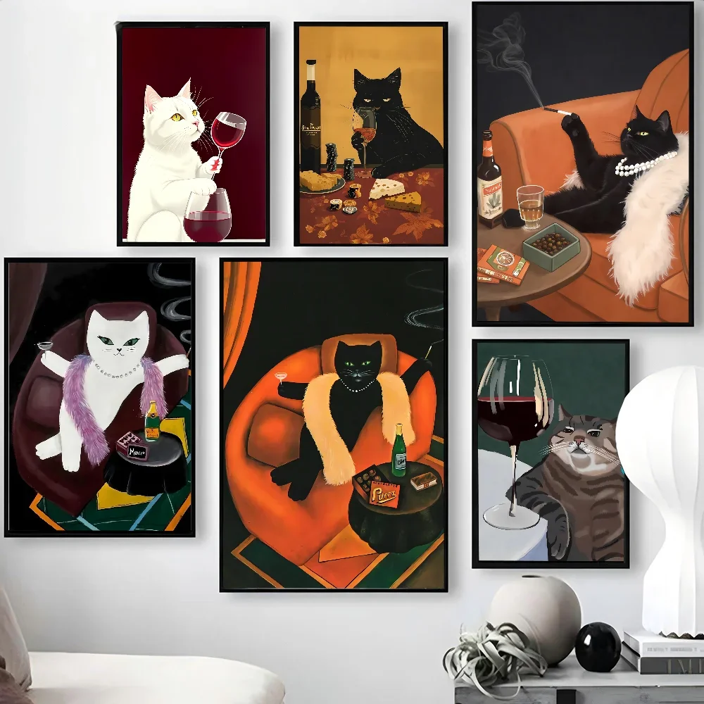 1PC Funny Black White Cats Red Wine Poster Poster Print Home Living Room Bedroom Entrance Bar Cafe Art Canvas Painting Decor