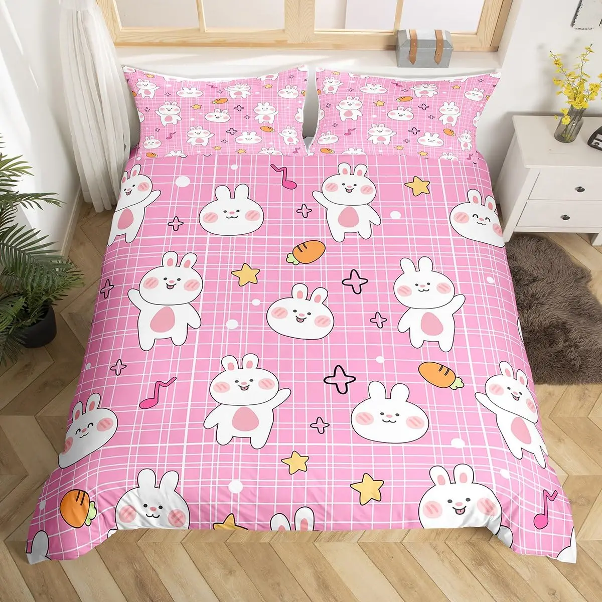 Cartoon Rabbit Animal Bedding Set Girly Bunny Duvet Cover Pink Star Carrot Comforter Cover Geometric Stripe Plaid Quilt Cover