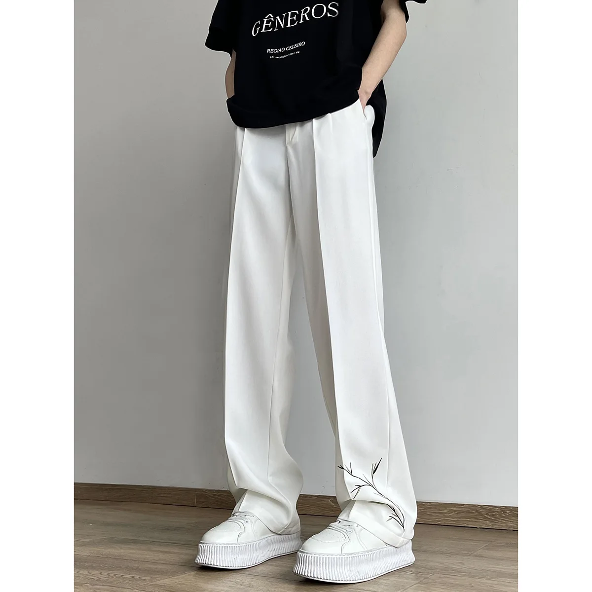 

Light Cooked Men's Summer All-match Loose Chinese Wind Bamboo Leaf Embroidery Trend Straight Casual Long Pants Thin Tide