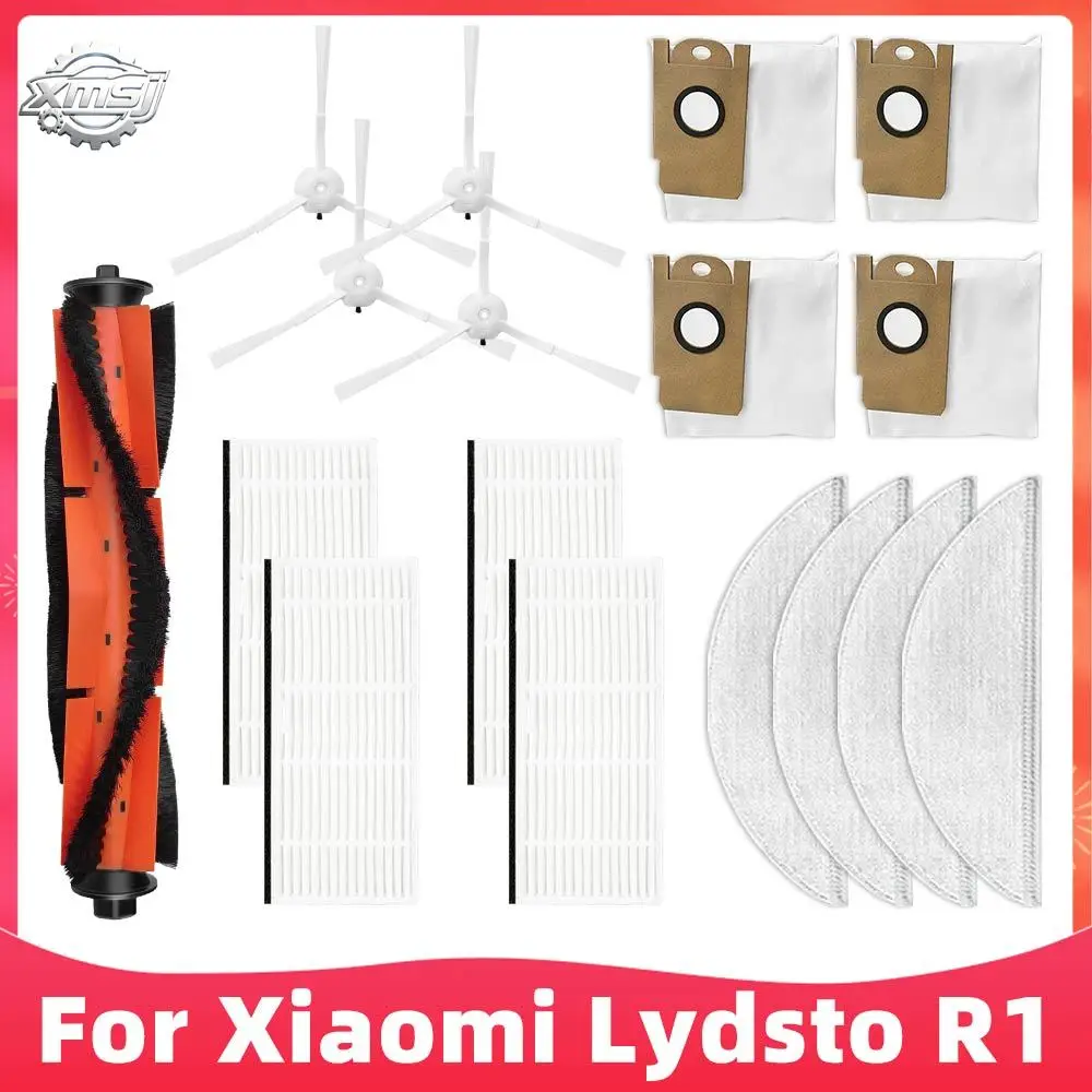Peças de reposição para aspirador robô Xiaomi Lydsto R1: escova principal, escova lateral, filtro HEPA, pano de limpeza, saco de pó, acessórios de substituição.