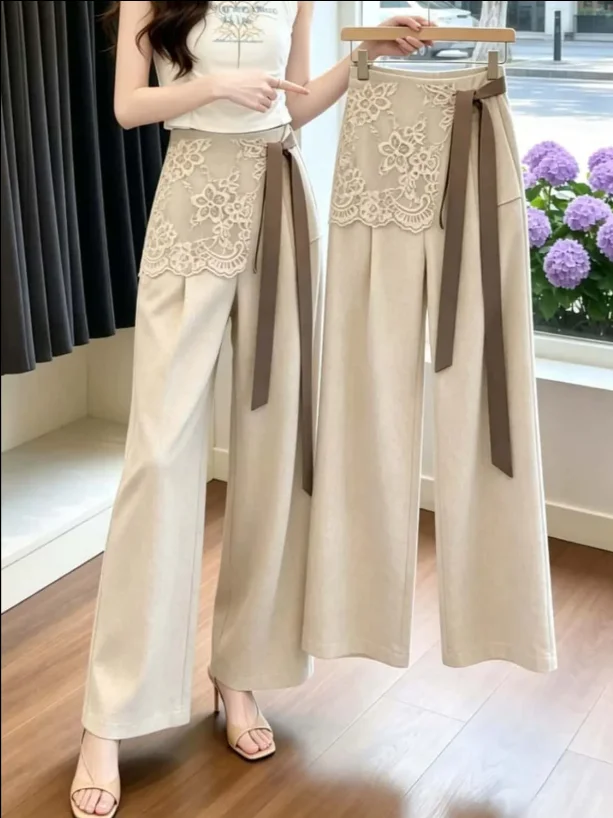 Women's Trouser Lace Up Design patchwork wide leg pants straight leg pants youthful stylish Summer Ladies Pants