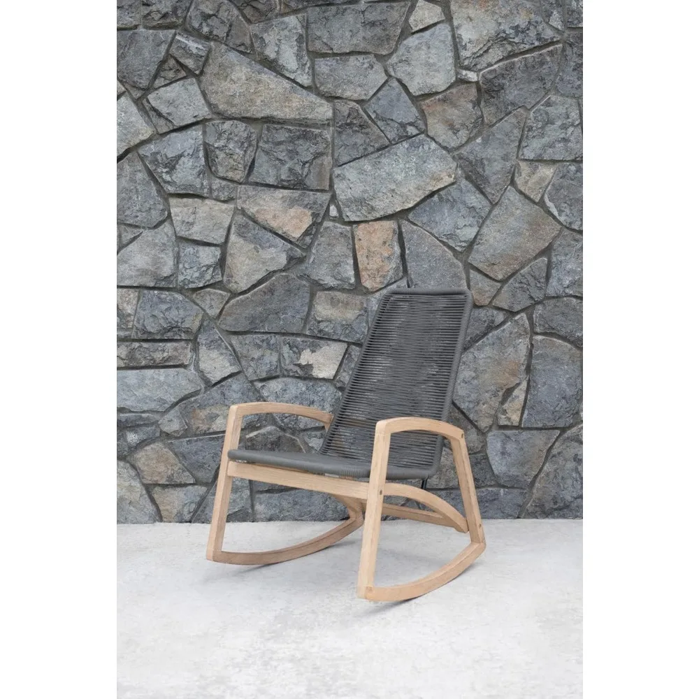 Madeira teca e Woven Rope Rocking Chair, cinza, interior e exterior