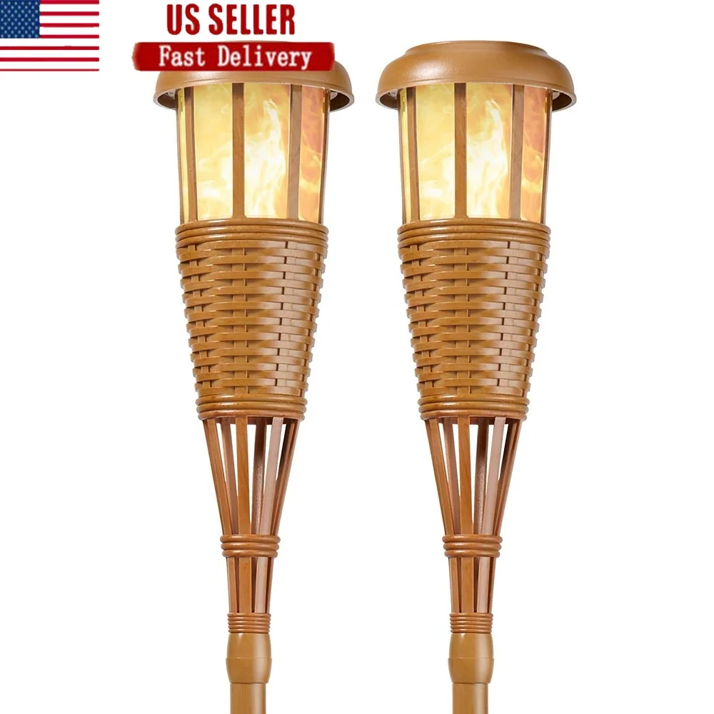 

Solar Flickering LED Island Torches Outdoor Landscape Lighting Dusk-to-Dawn Dancing Flame Bamboo Finish 2-Pack Easy Install