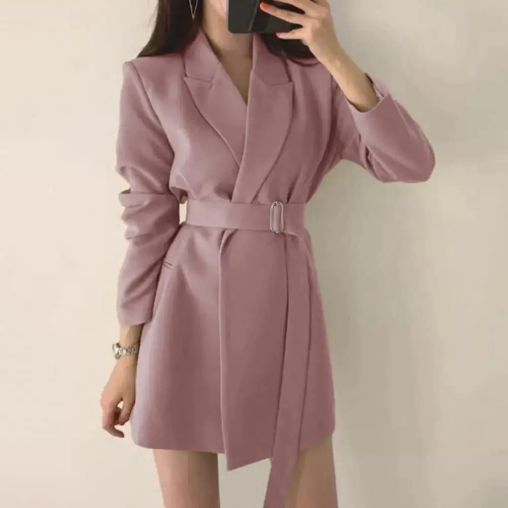 Women Suit Coat Elegant Lapel Suit Coat for Women with Belt Long Sleeve Office Lady Outwear Solid Color Loose Fit Jacket