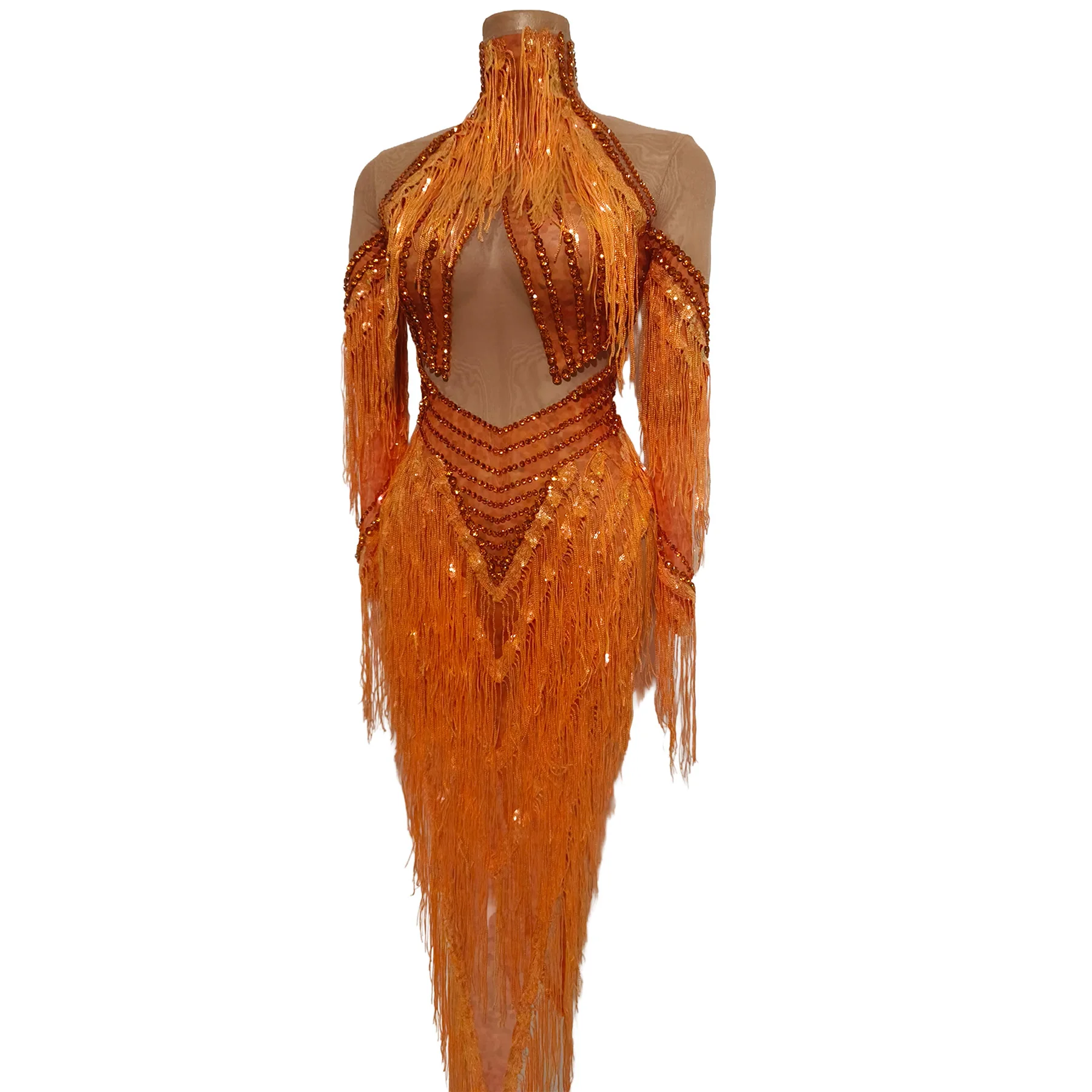 Vestido Maxi Sexy Naranja con Flecos de Pedrería para Mujer Chengzhi, Cuello Alto, Malla Transparente, Corte Ajustado, para Fiesta, Club, Actuación en Escenario