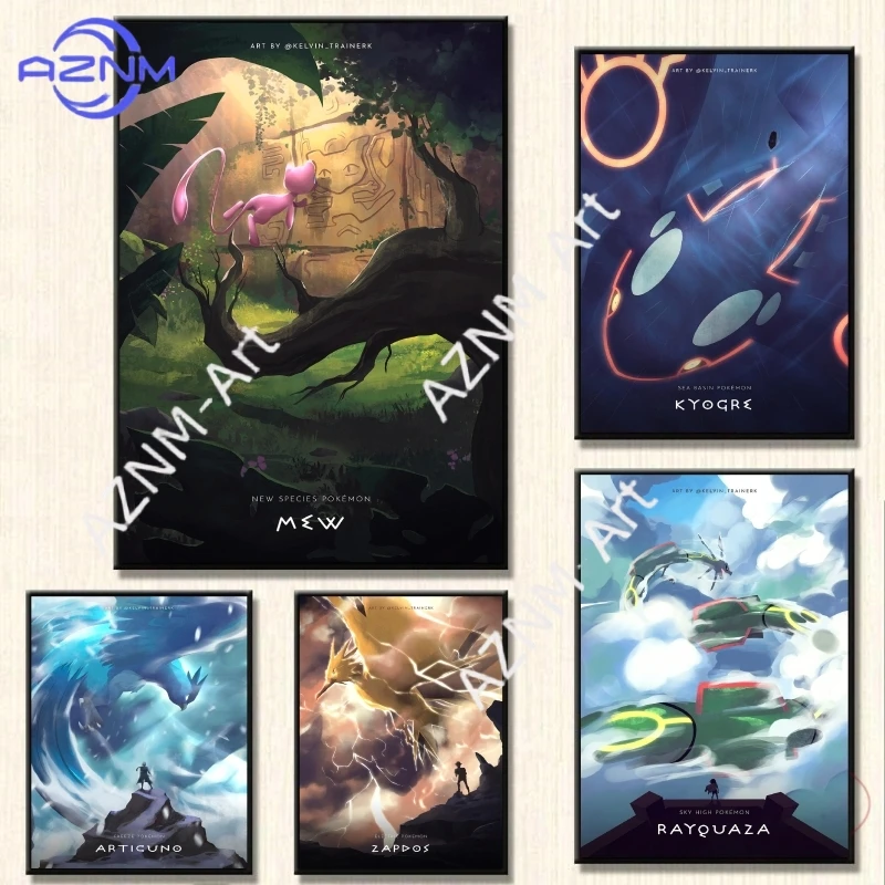 Epic Pokemon Legendary Canvas Wall Art - Mew, Kyogre, Articuno, Zapdos, Rayquaza Anime Poster for Game Room Decor