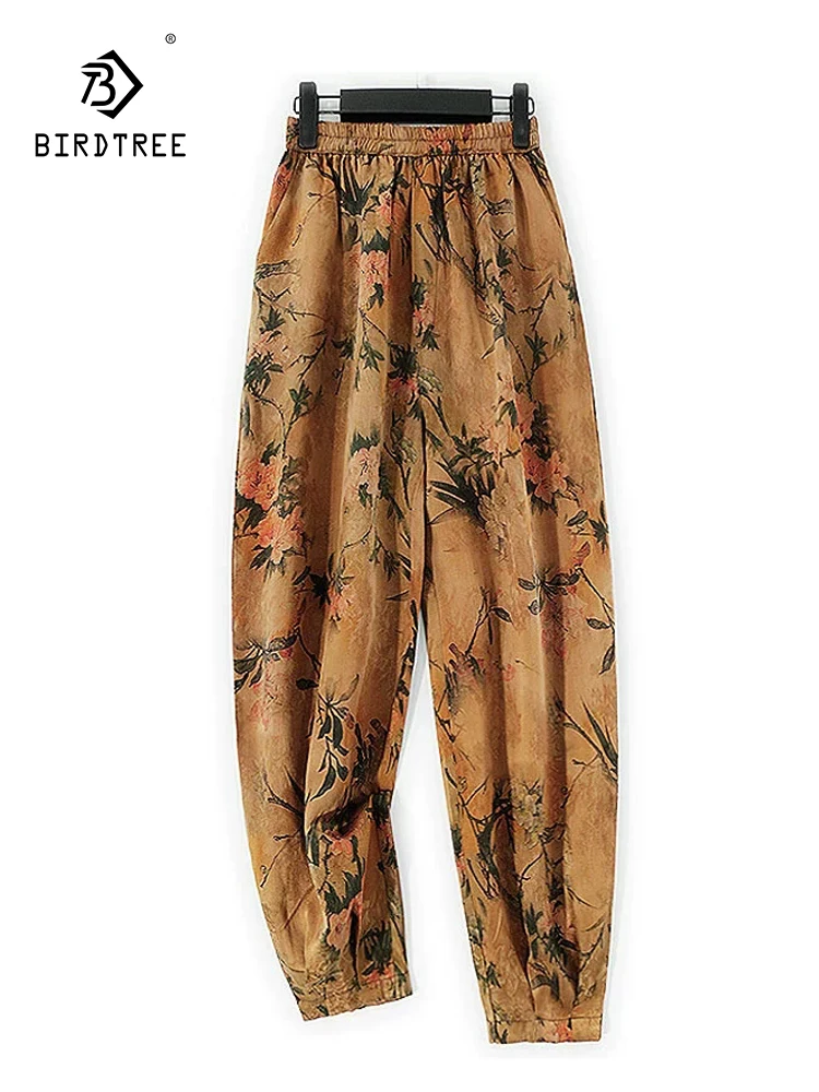 

Элегантные марлевые брюки BirdTree из шелка, жаккардовые брюки с эластичной резинкой на талии, роскошные широкие женские брюки в стиле ретро, новинка зимы 2025, B5N566CC