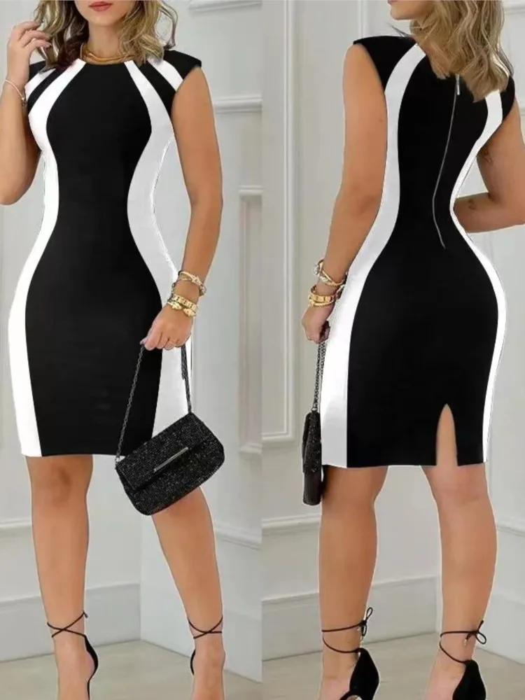 Women Fashion Round Neck Sleeveless Bodycon Zipper Mini Dress New Summer Colorblock Back Split Party Lady Slim Pencil Dresses