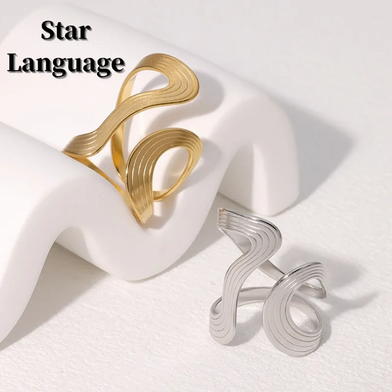 Star Language ใหม่สแตนเลสสตีลชุบทอง Vintage Glossy ลายเปิดแหวนผู้หญิงเครื่องประดับไม่ซีดจางสวมใส่ทุกวัน