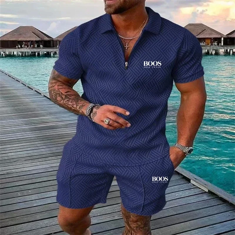 Conjunto de shorts de manga curta com zíper bordado de alta qualidade masculino de verão, novo conjunto de praia multifuncional elegante e casual